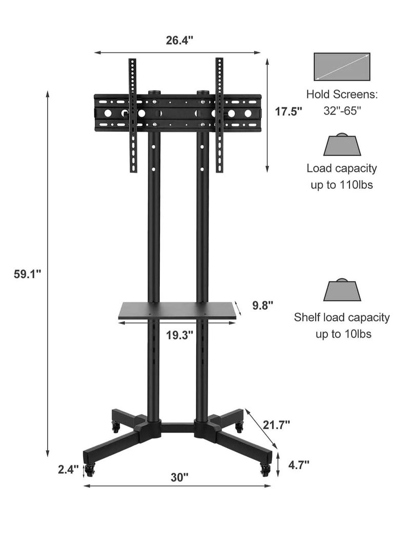 Mobile Rolling TV Cart with Lockable Wheels for 32-65inch LED Screen AV Carts & Stands, Tall TV Stand with Mount Height Adjustable Floor TV Stand Holds Up to 50KG Max VESA 600x400mm - Image 3