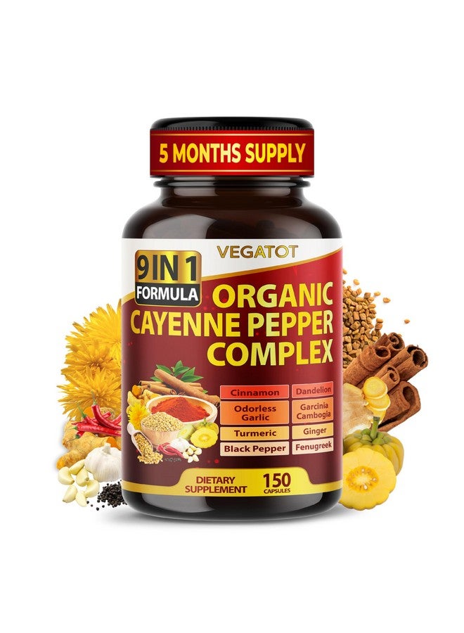 VEGATOT Organic Cayenne Pepper 9IN1 Complex with Cinnamon, Ginger, Turmeric for Overall Health, Immune System, Digestion Wellness (150 Count (Pack of 1)) - Image 1