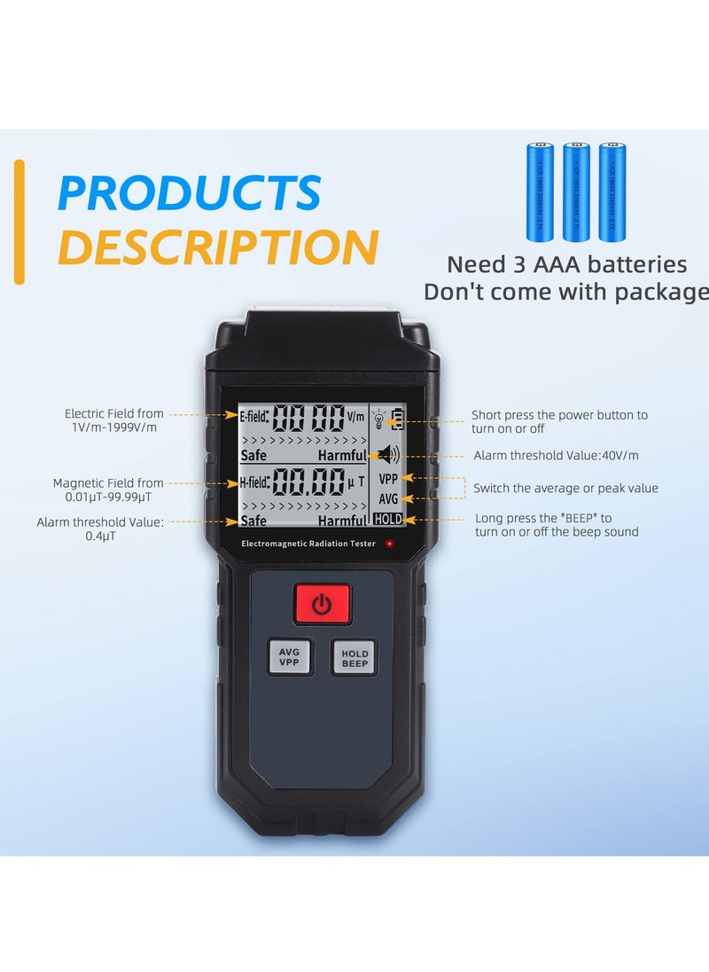 Generic EMF Meter, Portable Digital Radiation Detector, Handheld EMF Detector for Home/Outdoor, Electric/Magnetic Field/Ghost Detector - LED Light & Sound Alarm Black (1-1999V/m, 0.01-99.99μT)  - Image 2