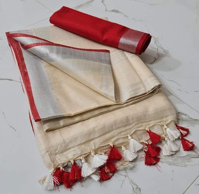 SheenKraft Hadloom Linen Cotton Blend Bhagalpuri Contrast Saree for Women (Reef_Beige-Red) - Image 2