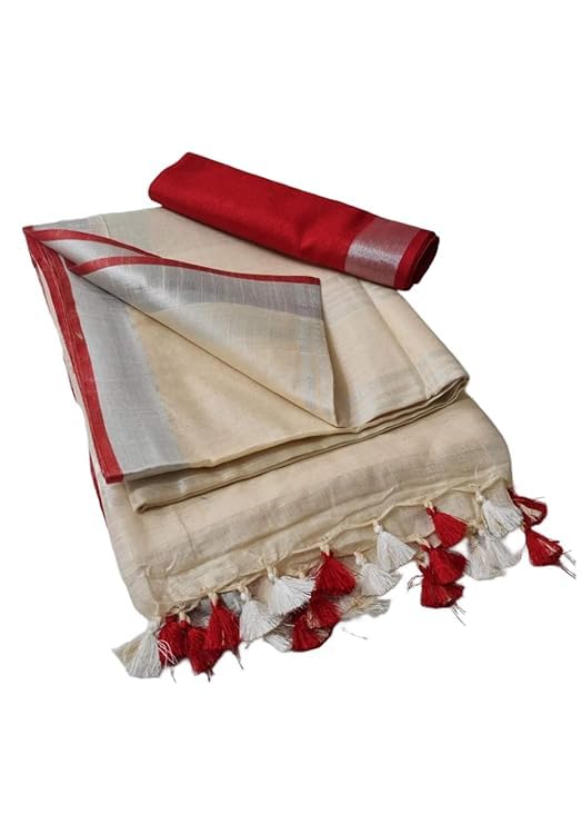 SheenKraft Hadloom Linen Cotton Blend Bhagalpuri Contrast Saree for Women (Reef_Beige-Red) - Image 4
