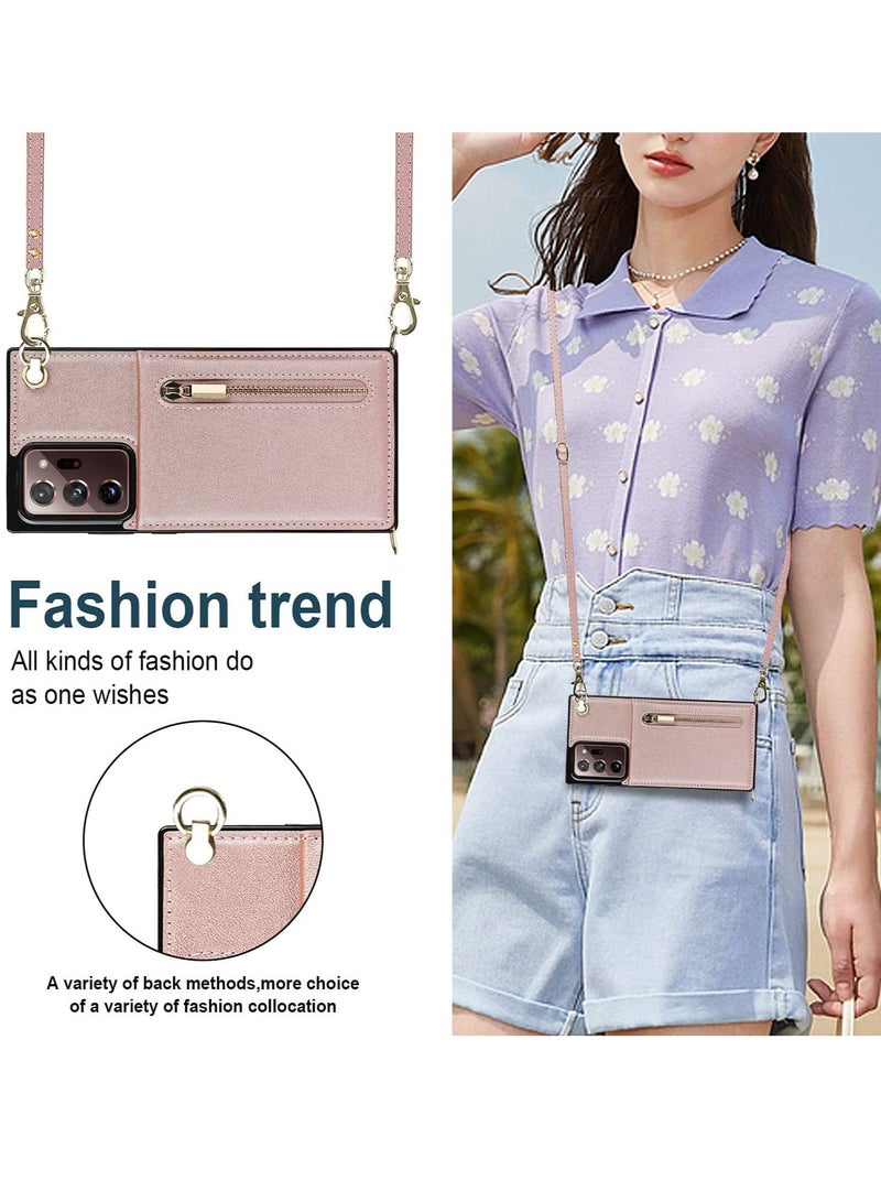 Phone Case For Samsung Galaxy Note 20 Ultra 6.9 Inch Shockproof Protective Zipper Pocket Purse Handbag Shoulder Strap Stylish Cover(Rose Gold)  - Image 3