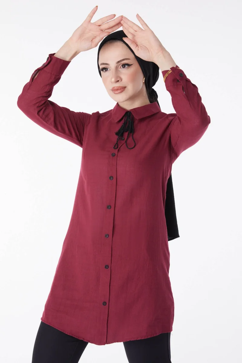 Tofisa Plain Shirt Collar Women's Burgundy Tassel Detail Tunic - 13159