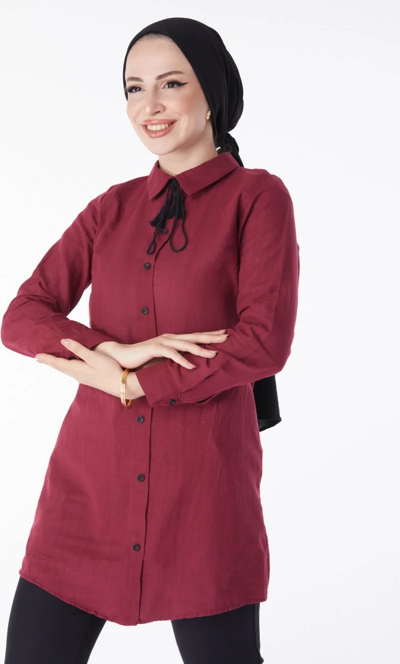 Tofisa Plain Shirt Collar Women's Burgundy Tassel Detail Tunic - 13159