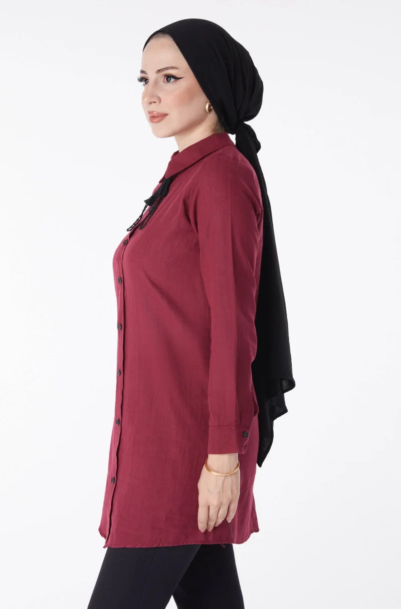 Tofisa Plain Shirt Collar Women's Burgundy Tassel Detail Tunic - 13159