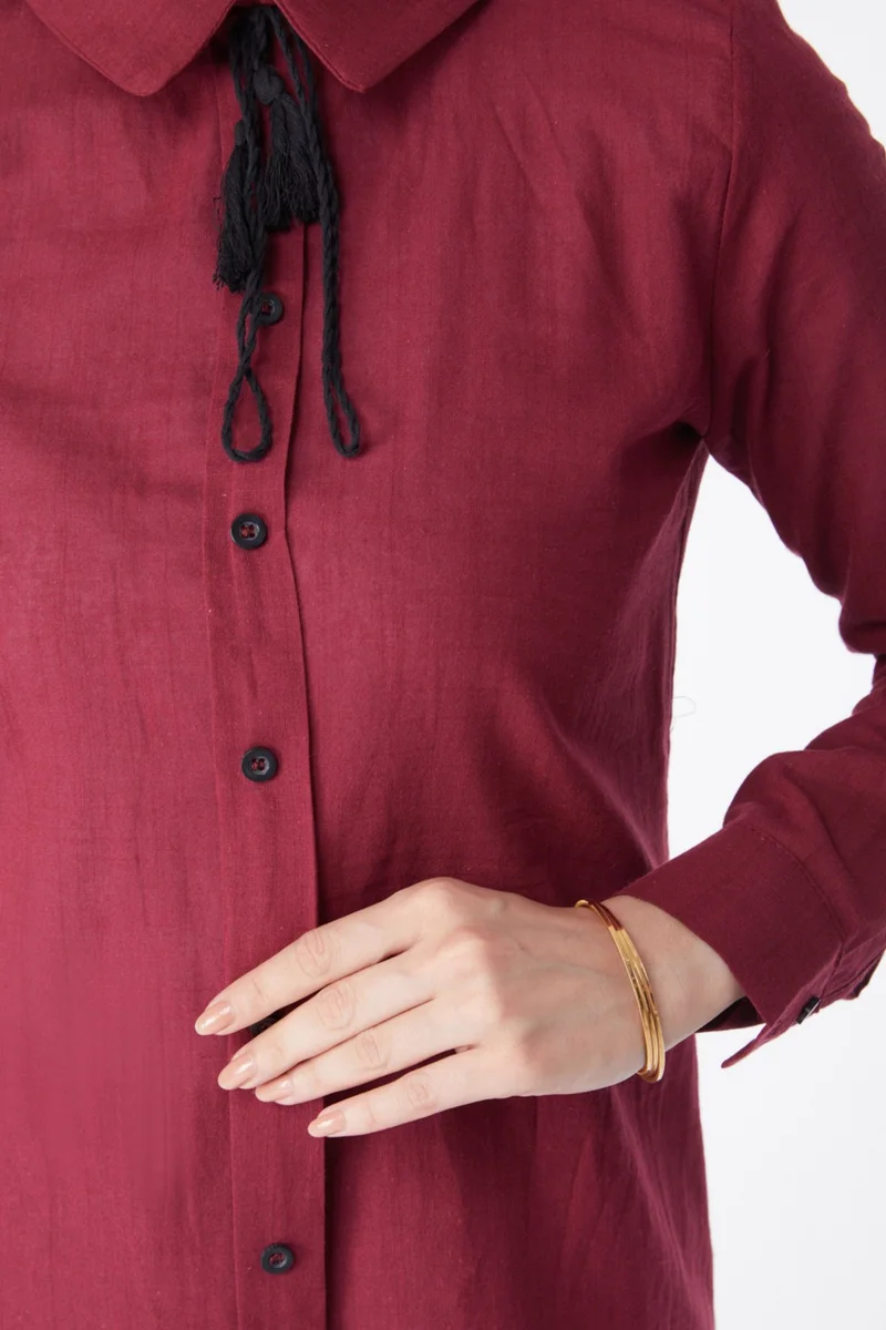 Tofisa Plain Shirt Collar Women's Burgundy Tassel Detail Tunic - 13159