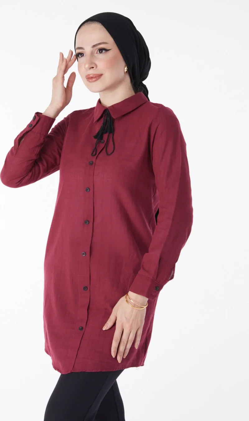 Tofisa Plain Shirt Collar Women's Burgundy Tassel Detail Tunic - 13159