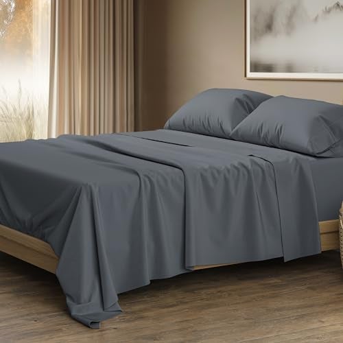 THREAD SPREAD 100 Egyptian Cotton Sheets Queen Size Luxury 1500 Series Queen Sheet Set Egyptian Cotton 4 PC Dark Grey Silky Soft Sateen Weave Cooling Breathable 17 Deep Pocket Bed Set - Image 1