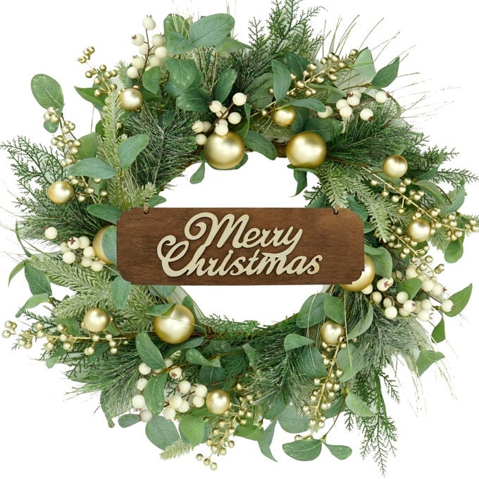 20 INCH ARTIFICIAL CHRISTMAS WREATH WINTER WREATH FOR FRONT DOOR WITH CHAMPAGNE GOLD BERRYCHRISTMAS BALLS FOR FRONT DOOR FARMHOUSE INDOOR OUTDOOR HOLIDAY HOME DECOR