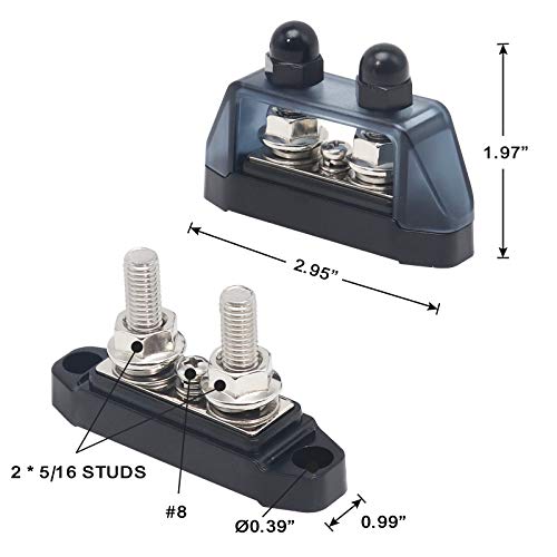 Recoil S2P-516 Busbar Dual 5/16” Studs and #8 Screw Terminal Power Distribution Block with Ring Terminals Pair Red & Black - Image 3