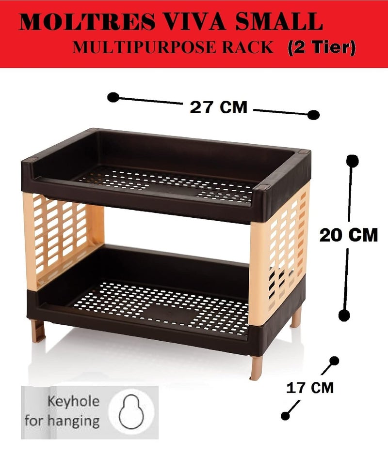 YUIOP - Viva 2 Tier Small Multipurpose Rack - Durable Plastic - for Kitchen,Office Organizer Storage Shelf Standing & Wall Hanging Rack (Brown) - Image 2