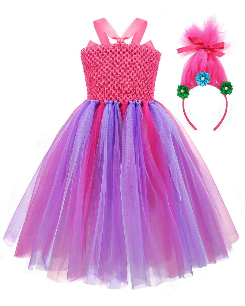 TYHTYM Trolls Costumes Little Girls Princess Poppy Cosplay Birthday Halloween Toddler Kids Baby Tutu Dresses with Headband Rose Red - Image 1