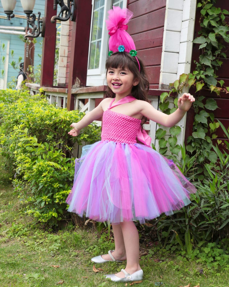 TYHTYM Trolls Costumes Little Girls Princess Poppy Cosplay Birthday Halloween Toddler Kids Baby Tutu Dresses with Headband Rose Red - Image 4