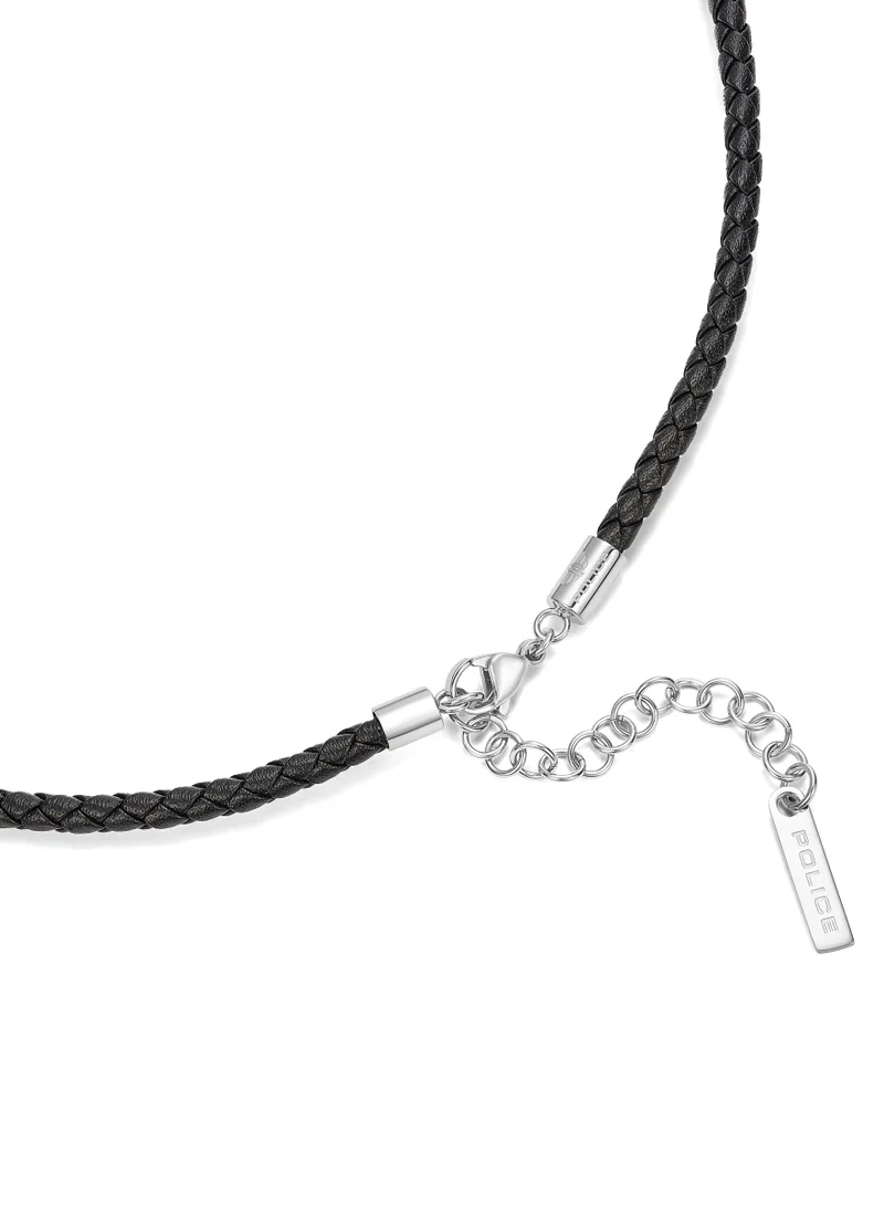 POLICE Gripcord Black Leather Stainless Steel Pendant Gents Necklace