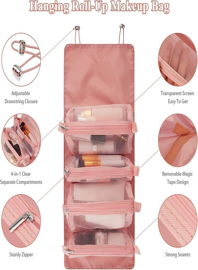 BKQPTL Makeup Pouch for Women | Roll Up Cosmatic Makeup Hanging Bag | Folding Travel Toiletry Bag with 4 Compartments | Detachable Cosmetic Organizer (Pink) (Pack of 1) - Image 4