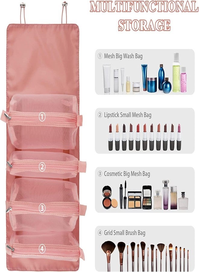 BKQPTL Makeup Pouch for Women | Roll Up Cosmatic Makeup Hanging Bag | Folding Travel Toiletry Bag with 4 Compartments | Detachable Cosmetic Organizer (Pink) (Pack of 1) - Image 3