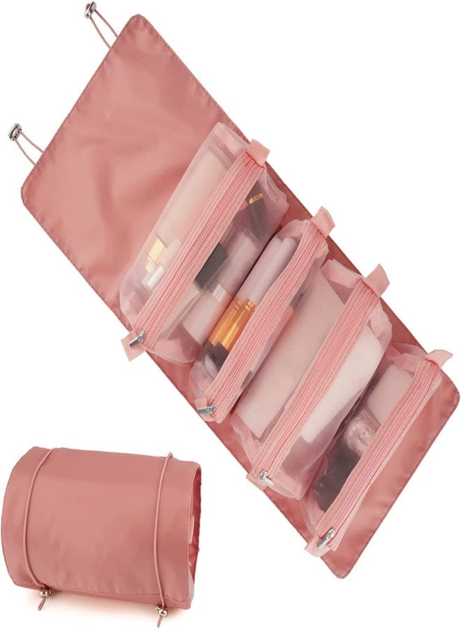 BKQPTL Makeup Pouch for Women | Roll Up Cosmatic Makeup Hanging Bag | Folding Travel Toiletry Bag with 4 Compartments | Detachable Cosmetic Organizer (Pink) (Pack of 1) - Image 1