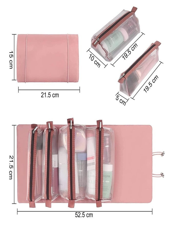 BKQPTL Makeup Pouch for Women | Roll Up Cosmatic Makeup Hanging Bag | Folding Travel Toiletry Bag with 4 Compartments | Detachable Cosmetic Organizer (Pink) (Pack of 1) - Image 2