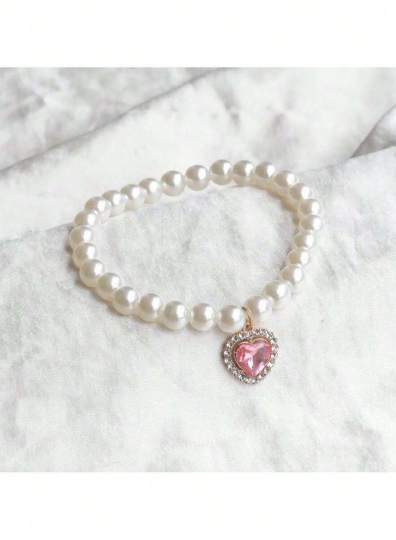 Rightsure 1pc Elegant Pet Pearl Necklace With Vintage Love Crystal Pendant, Cat Pearl Collar, Trend Cat Necklace Accessories