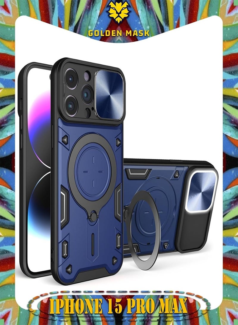 GOLDEN MASK GOLDEN MASK For iPhone 15 Pro Max Armored Camera Shield Cover Camera Lend Protection, Built-in 360° (Blue)