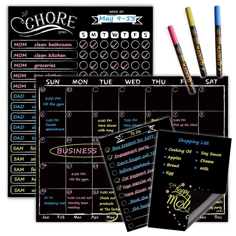 JJPRO Magnetic Chalkboard Monthly Calendar - Reward Chore Chart Blackboard Combo Set with Neon Bright Liquid Chalk Markers - Bonus Grocery List and Notepad Blackboard for Refrigerator Included - Image 1
