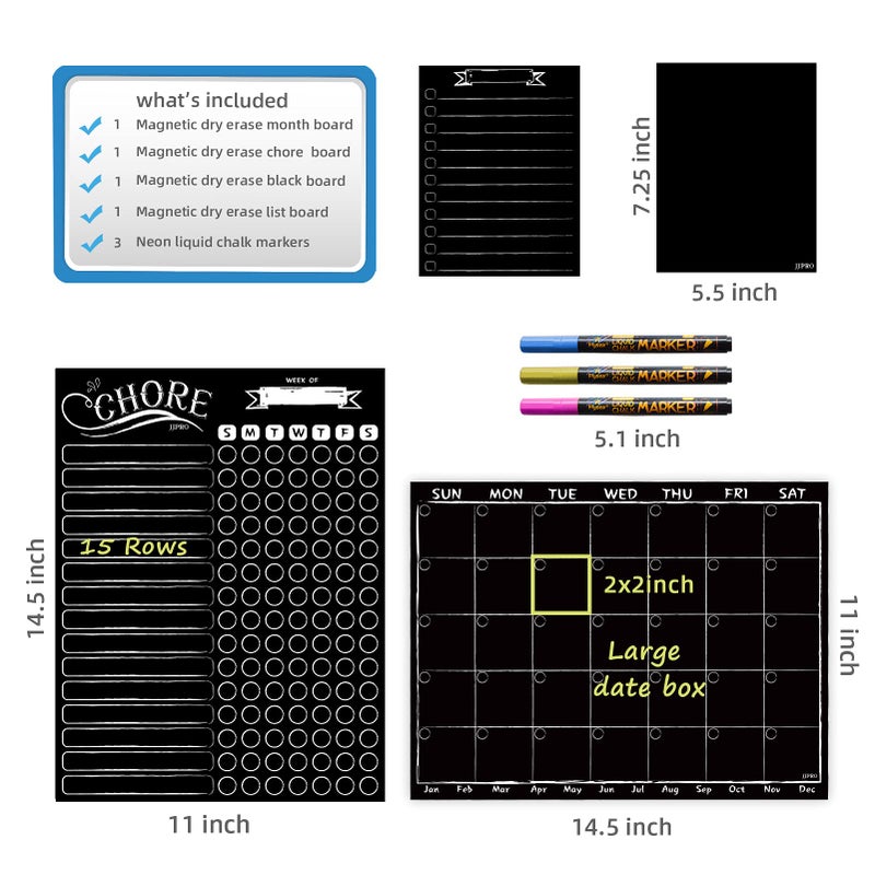 JJPRO Magnetic Chalkboard Monthly Calendar - Reward Chore Chart Blackboard Combo Set with Neon Bright Liquid Chalk Markers - Bonus Grocery List and Notepad Blackboard for Refrigerator Included - Image 2