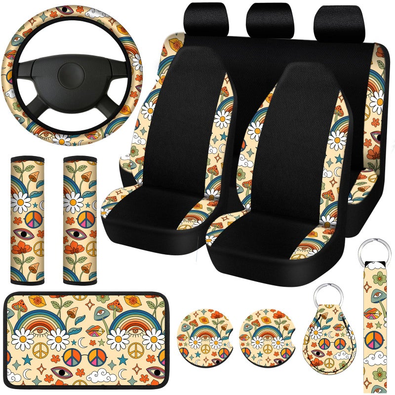 Riakrum 15 Pcs Car Seat Covers Full Set Space Car Covers for Front Rear Seat Steering Wheel Wrist Strap Armrest Pad Shoulder PadsDaisy Style