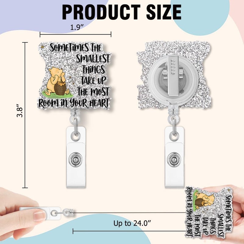 QYUVK Retractable The Smallest Things Take Up The Most Room Badge Reel with Alligator Clip, Funny Silver Glitter Bear & Bee Badge Holder Gift for Doctors Nurses Labor and Delivery OB RN EN NICU - Image 2