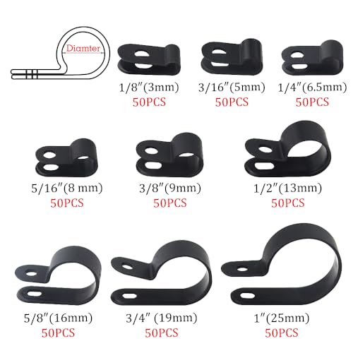 TOVOT 450 PCS 9 Types (1/8″-1″) Nylon Cable Clips Assortment R-Type Cable Clip Kit Black Plastic Wire Clamps Fasteners for Wire Mounting - Image 2