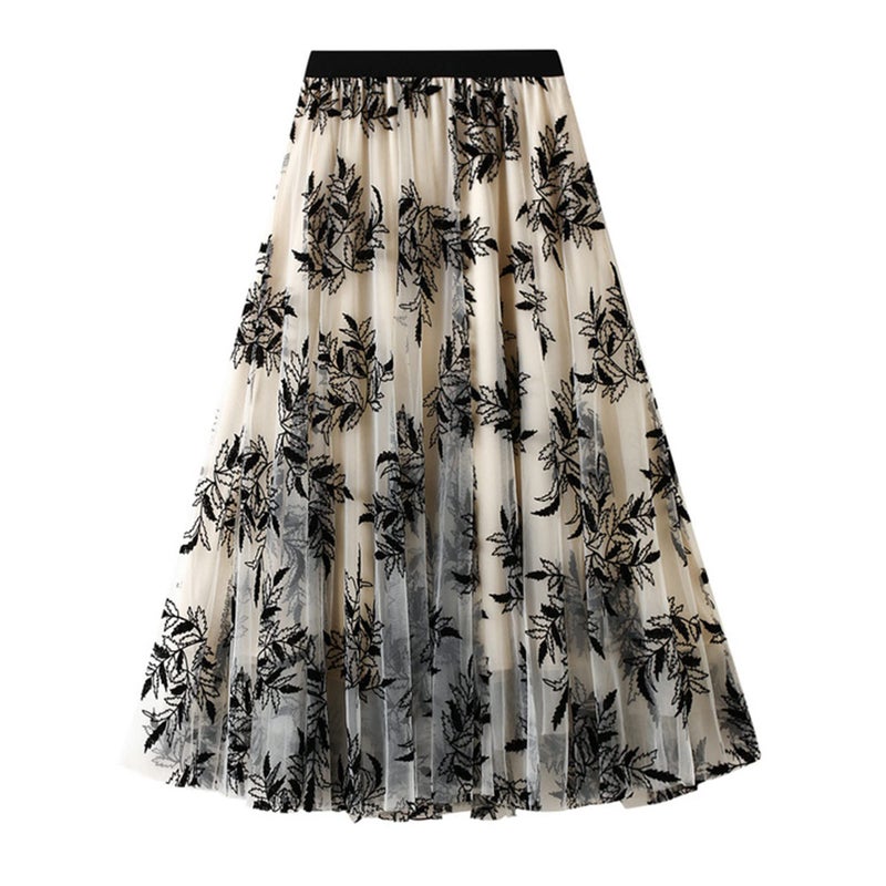 Dirholl Women's A-Line Fairy Patterned Elastic Waist Ruffle Tulle Layered Midi Skirt Foliage Apricot - Image 1