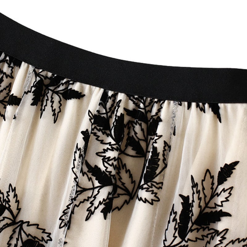 Dirholl Women's A-Line Fairy Patterned Elastic Waist Ruffle Tulle Layered Midi Skirt Foliage Apricot - Image 2