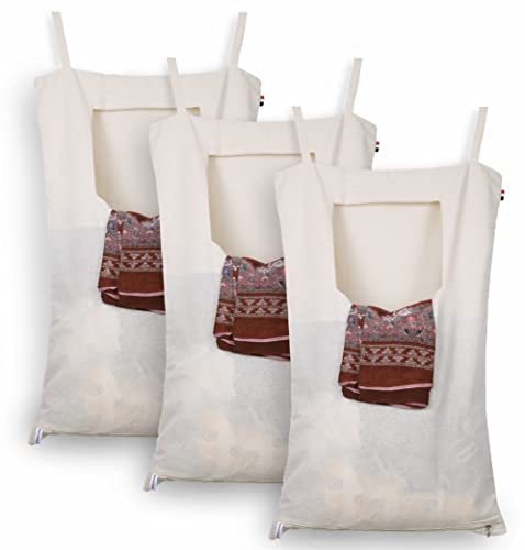 Solstice Cotton Laundry Bag | Basket With Lid | Wall/Door Hanging Laundry Hamper Bag With Zip | Big Size, Foldable, Hanging And Washable (Set Of 3) - White - Image 1