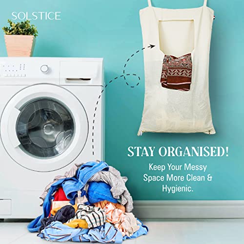 Solstice Cotton Laundry Bag | Basket With Lid | Wall/Door Hanging Laundry Hamper Bag With Zip | Big Size, Foldable, Hanging And Washable (Set Of 3) - White - Image 5