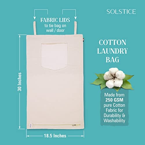 Solstice Cotton Laundry Bag | Basket With Lid | Wall/Door Hanging Laundry Hamper Bag With Zip | Big Size, Foldable, Hanging And Washable (Set Of 3) - White - Image 2
