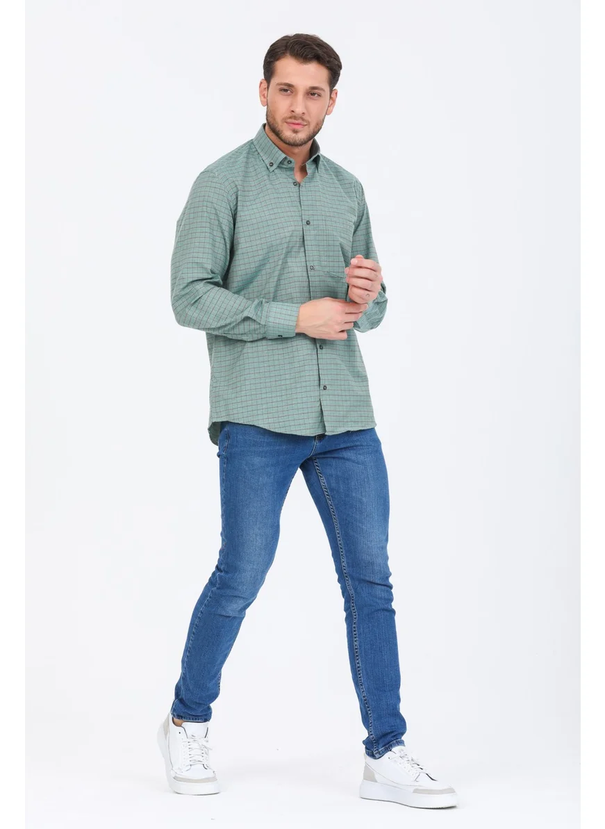 Varetta Men's Pastel Green Checked Long Sleeve Pocket Collar Buttoned Men's Shirt