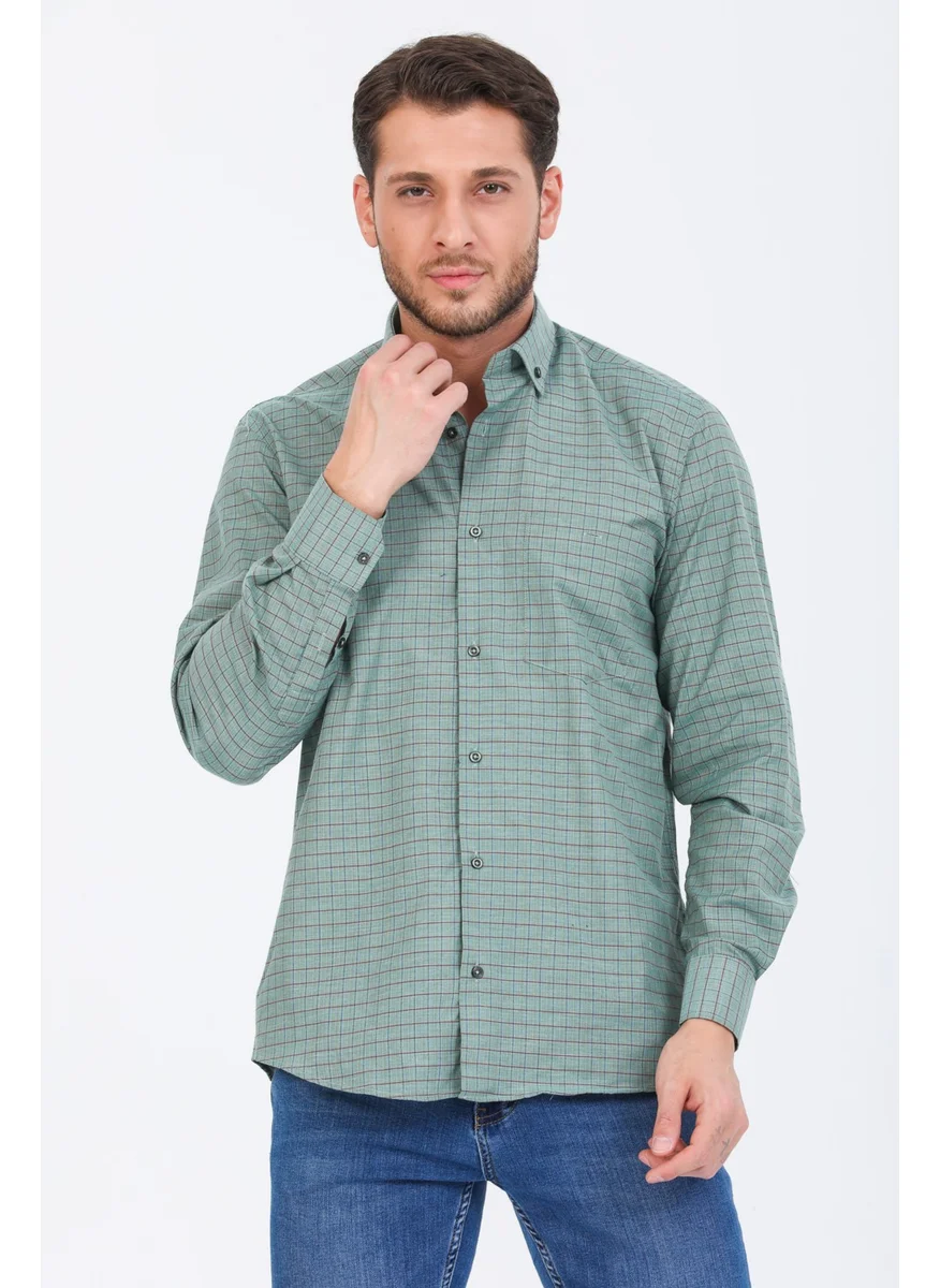 Varetta Men's Pastel Green Checked Long Sleeve Pocket Collar Buttoned Men's Shirt