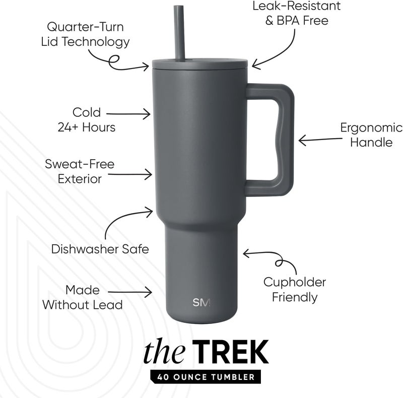 Simple Modern 40 oz Tumbler with Handle and Straw Lid | Insulated Cup Reusable Stainless Steel Water Bottle Travel Mug Cupholder Friendly | Gifts for Women Men Him Her | Trek Collection | Graphite - Image 1