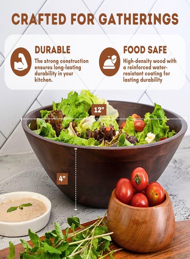 Luxe Designs Wooden Salad Bowl Set - Food Safe & Sustainable Decorative Bowl - Wood Bowl for Fruits, & Salads - Easy to Clean Large Salad Bowls Set w/Spoon, Fork - Wooden Bowls for Food (Dark Burnt) - Image 2