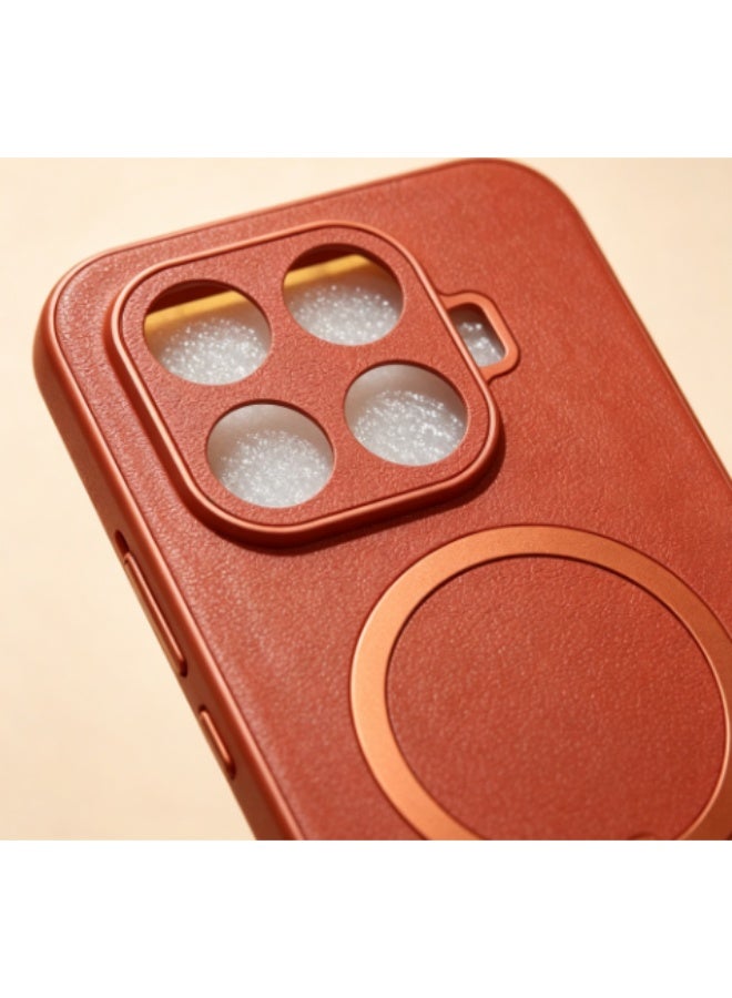 Orange Case For Xiaomi 17 Pro, Faux Leather Texture Shockproof Protective Cover With Built‑in 360° Rotatable Ring Holder Stand, Magnetic Car Mount Supported, Anti‑Slip Full Camera Protection Phone Shell - Image 3