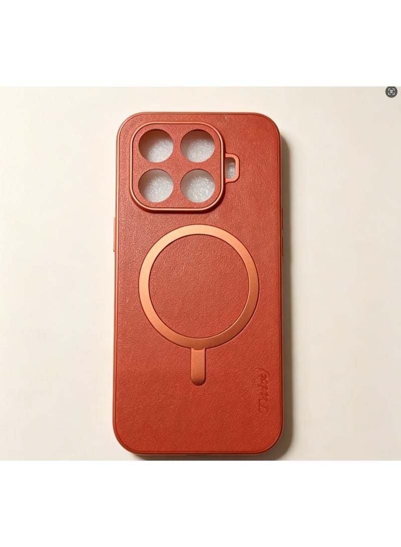 Orange Case For Xiaomi 17 Pro, Faux Leather Texture Shockproof Protective Cover With Built‑in 360° Rotatable Ring Holder Stand, Magnetic Car Mount Supported, Anti‑Slip Full Camera Protection Phone Shell - Image 1