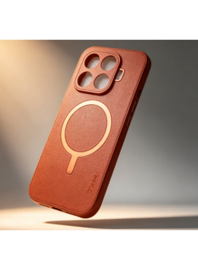 Orange Case For Xiaomi 17 Pro, Faux Leather Texture Shockproof Protective Cover With Built‑in 360° Rotatable Ring Holder Stand, Magnetic Car Mount Supported, Anti‑Slip Full Camera Protection Phone Shell - Image 2