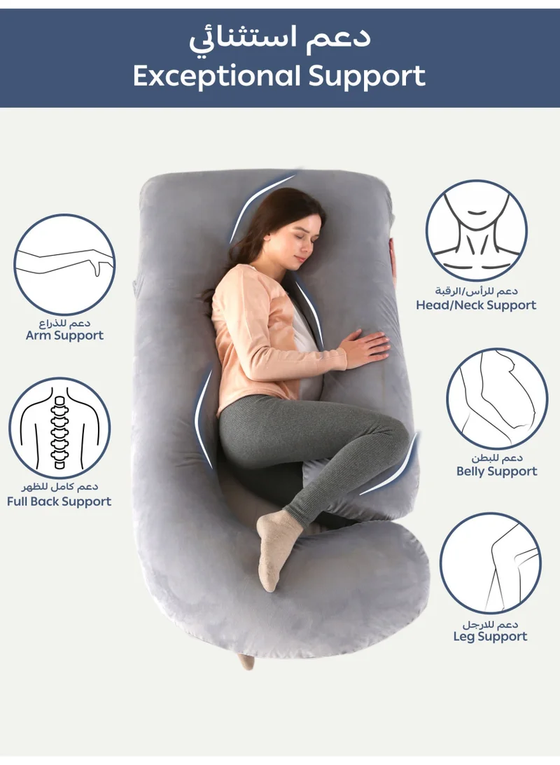 Donetella G-Shape Pregnancy Pillow – 180 cm Full Body Maternity Support Pillow with Removable Washable Velvet Cover – Support for Back, Legs, Belly & Hips – Silver