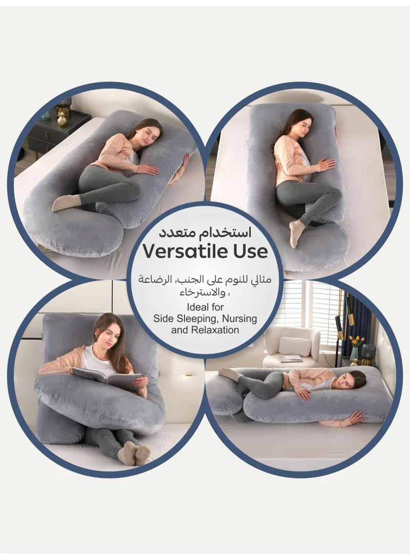 Donetella G-Shape Pregnancy Pillow – 180 cm Full Body Maternity Support Pillow with Removable Washable Velvet Cover – Support for Back, Legs, Belly & Hips – Silver