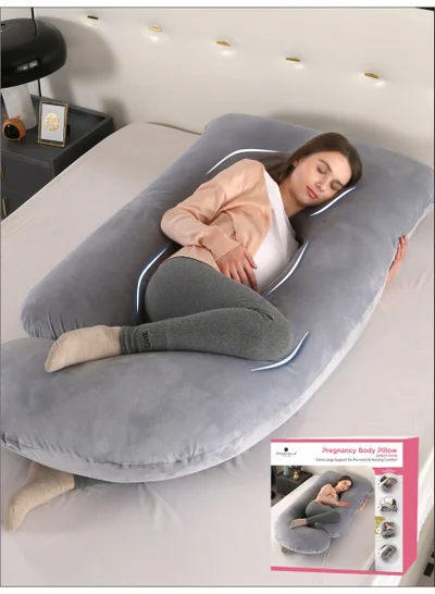 Donetella G-Shape Pregnancy Pillow – 180 cm Full Body Maternity Support Pillow with Removable Washable Velvet Cover – Support for Back, Legs, Belly & Hips – Silver