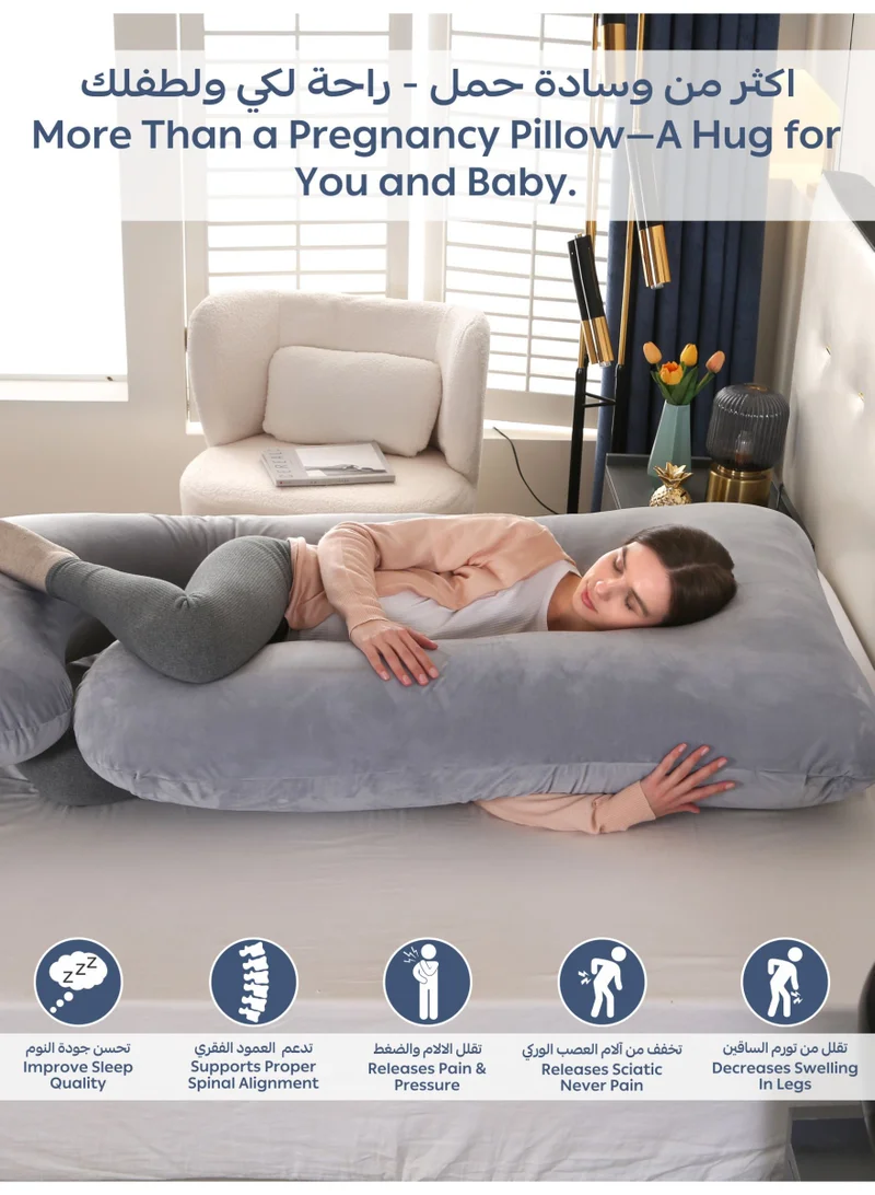 Donetella G-Shape Pregnancy Pillow – 180 cm Full Body Maternity Support Pillow with Removable Washable Velvet Cover – Support for Back, Legs, Belly & Hips – Silver
