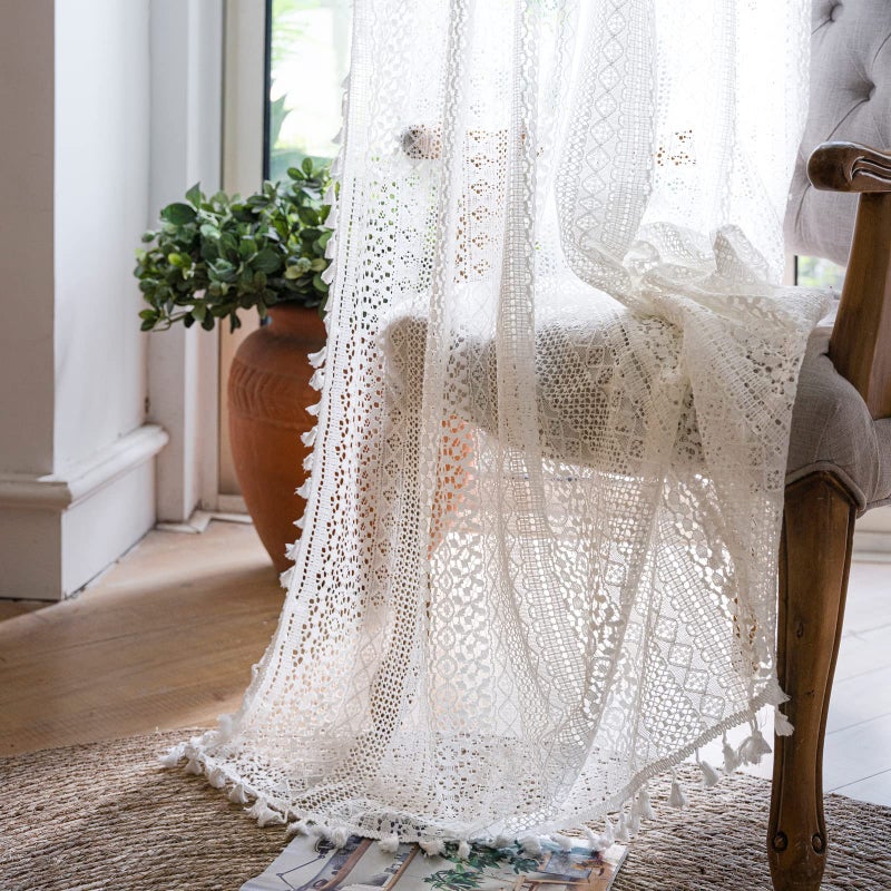 WAZZIO Boho Lace Curtains 84 Inches 2 Panel,Light Filtering Privacy Tassel & Geometry Crochet Semi Sheer Curtain Drapes for Bedroom Living Dining Room,Rod Pocket & Tassel,Victorian Decor,Off White - Image 1