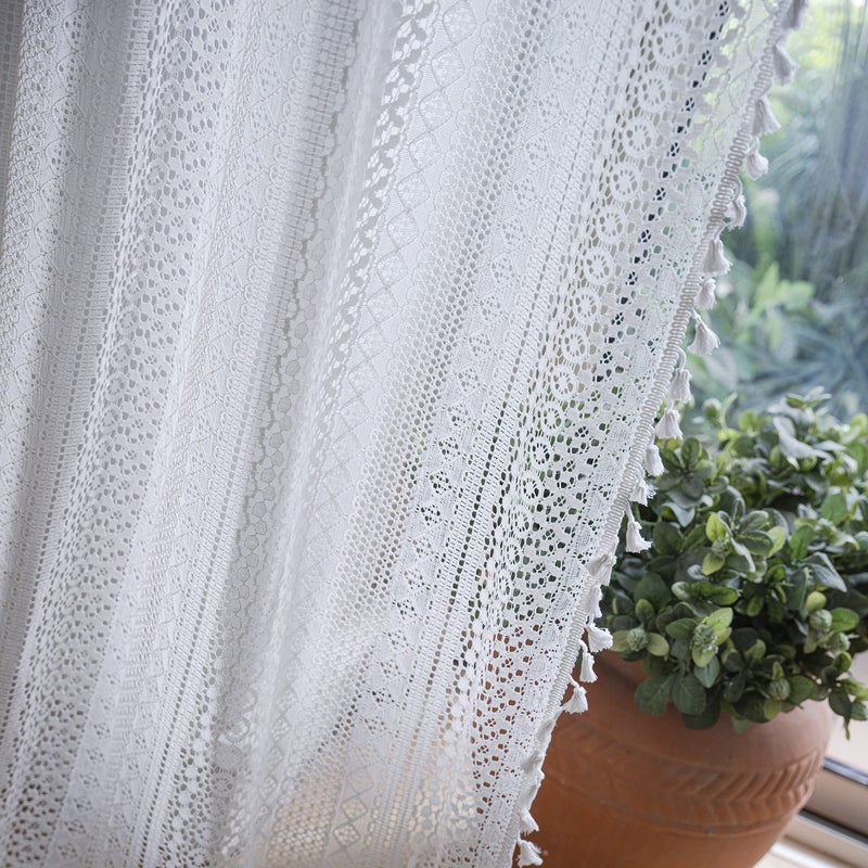 WAZZIO Boho Lace Curtains 84 Inches 2 Panel,Light Filtering Privacy Tassel & Geometry Crochet Semi Sheer Curtain Drapes for Bedroom Living Dining Room,Rod Pocket & Tassel,Victorian Decor,Off White - Image 5