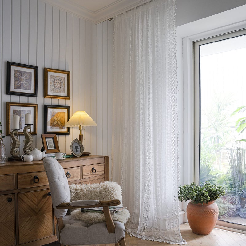 WAZZIO Boho Lace Curtains 84 Inches 2 Panel,Light Filtering Privacy Tassel & Geometry Crochet Semi Sheer Curtain Drapes for Bedroom Living Dining Room,Rod Pocket & Tassel,Victorian Decor,Off White - Image 2