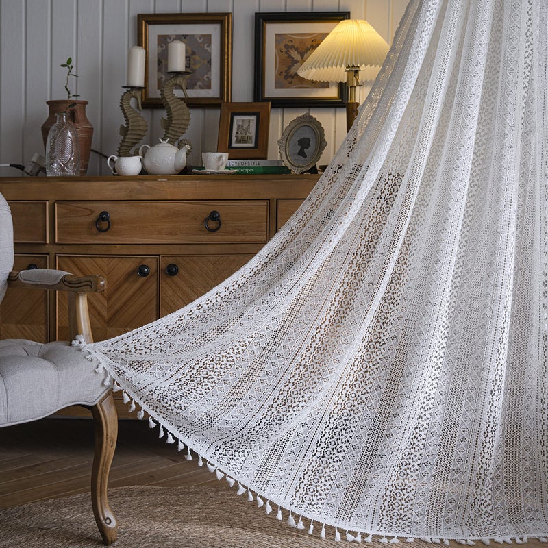 WAZZIO Boho Lace Curtains 84 Inches 2 Panel,Light Filtering Privacy Tassel & Geometry Crochet Semi Sheer Curtain Drapes for Bedroom Living Dining Room,Rod Pocket & Tassel,Victorian Decor,Off White - Image 3