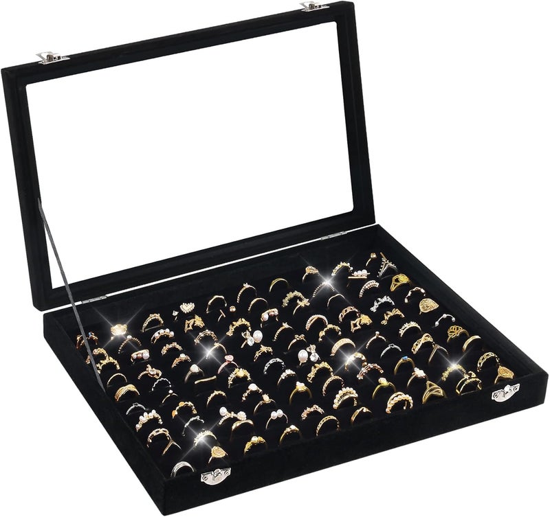 Jenseits Ring Organizer for Jewelry, Ring Holder Box with Clear Lid, Dustproof Velvet Rings Display Tray Storage Case, 100 Slot Glass Top Jewelry Tray Drawer Insert for Multiple Rings Studs Earring (Black) - Image 1